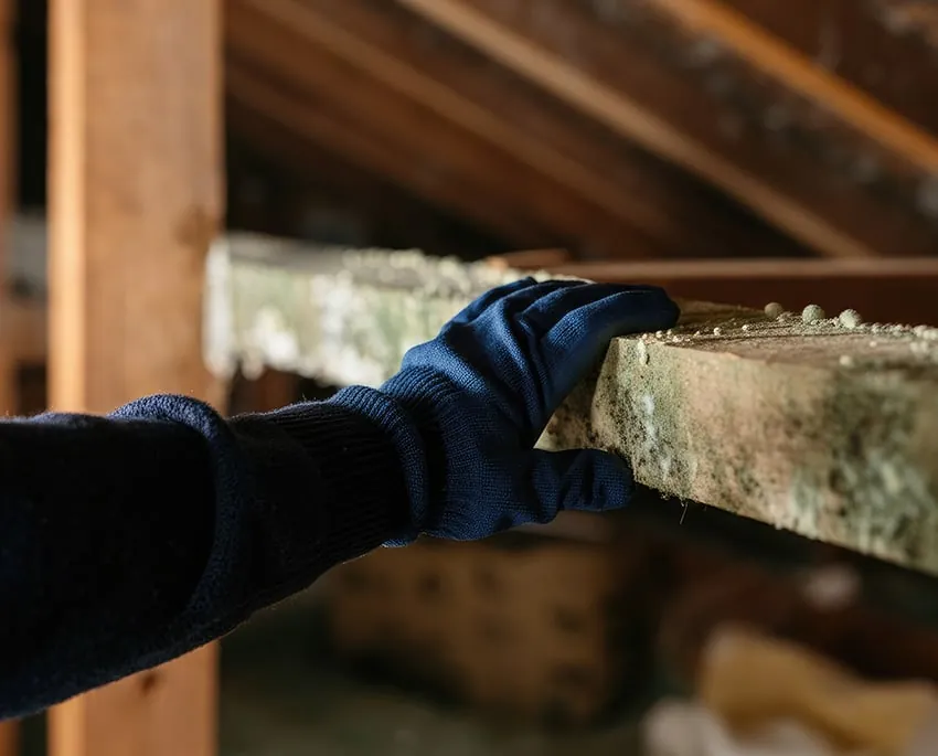 Mögelangrepp på träpanel och takstolar på en vind