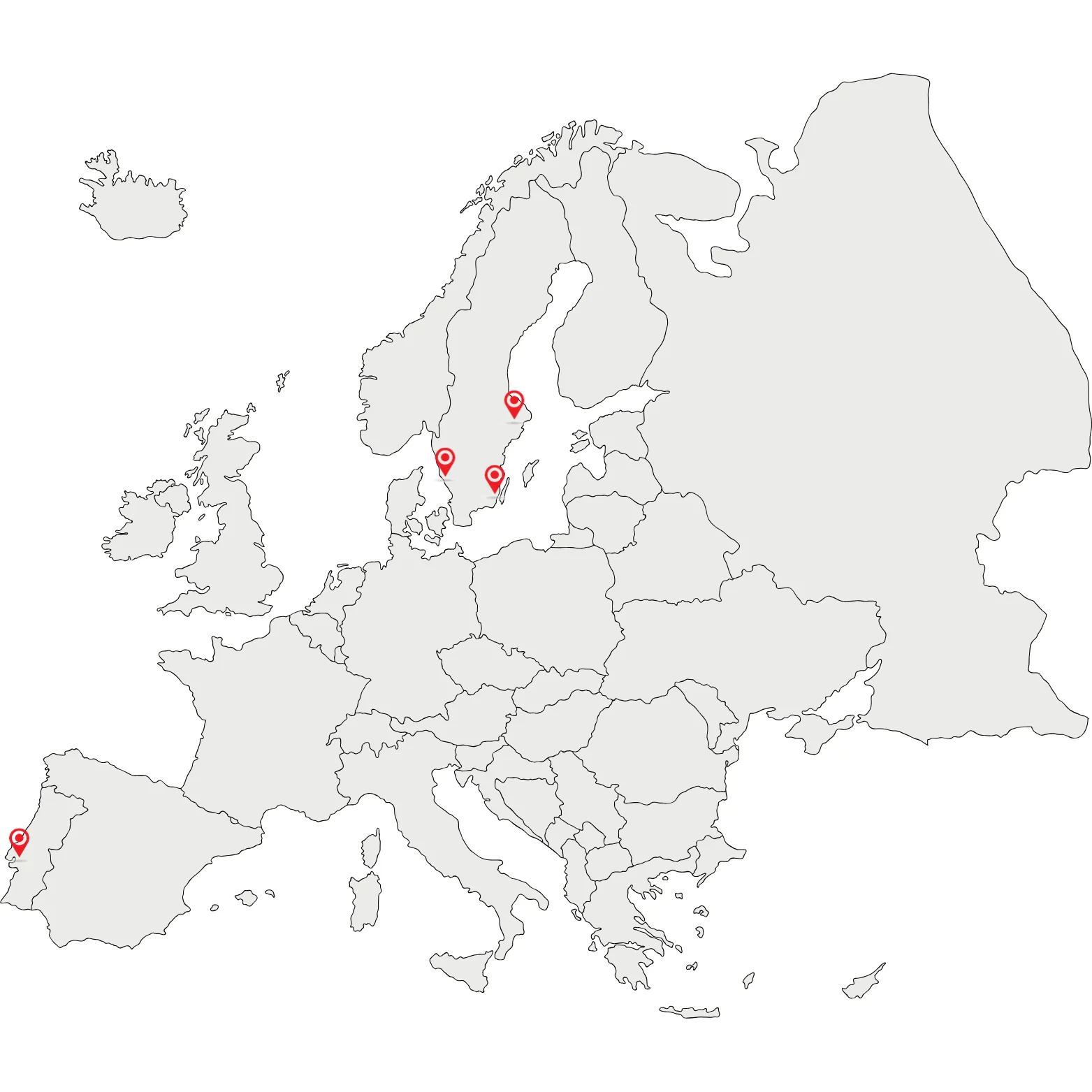 Karta över Europa med NordTvätts kontor markerade med kartnålar i Sverige och Portugal