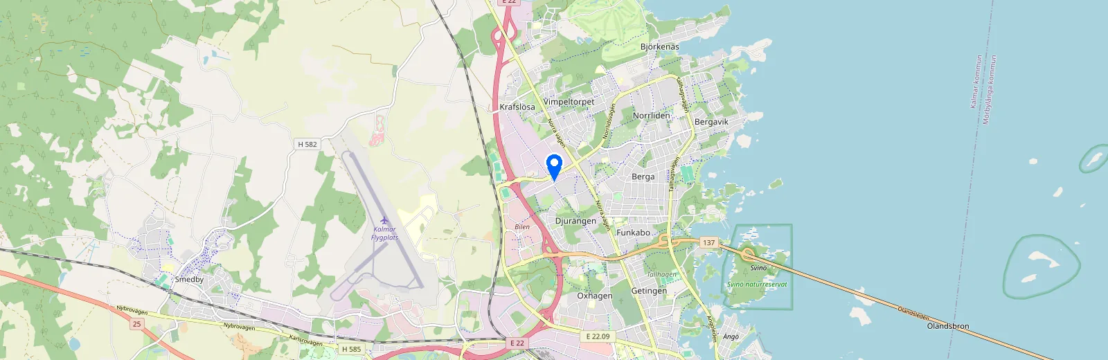 Karta över Kalmar med NordTvätts kontor på Öselvägen 2 i Berga industriområde markerat
